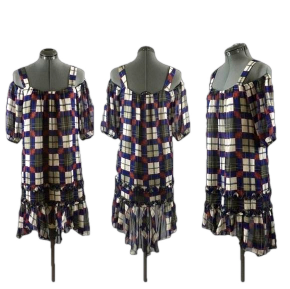 KENZIE “PRETTY” Cold Shoulder Hi/Low Black, Blue, & Red Plaid Dress, Size XS